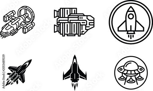 set of spaceship and rocket icons for design and technology concepts