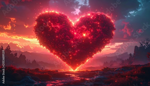 Glowing Heart in Fiery Sky Landscape.