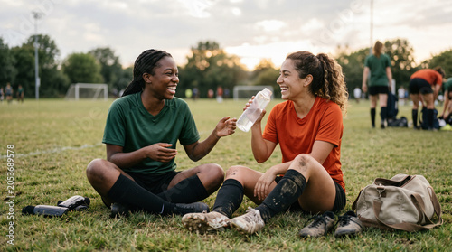 Two Diverse Female Soccer Players Laughing and Sharing a Moment on the Grass Pitch After Practice at Sunset