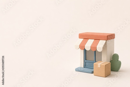 Minimal 3D paper clay illustration of a small storefront with a plain awning and package. Clean local commerce, order pickup and small business hero concept.