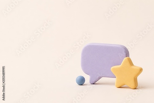 Minimal 3D paper clay illustration of a blank chat bubble and star token. Clean customer support, service review and satisfaction landing page hero concept.