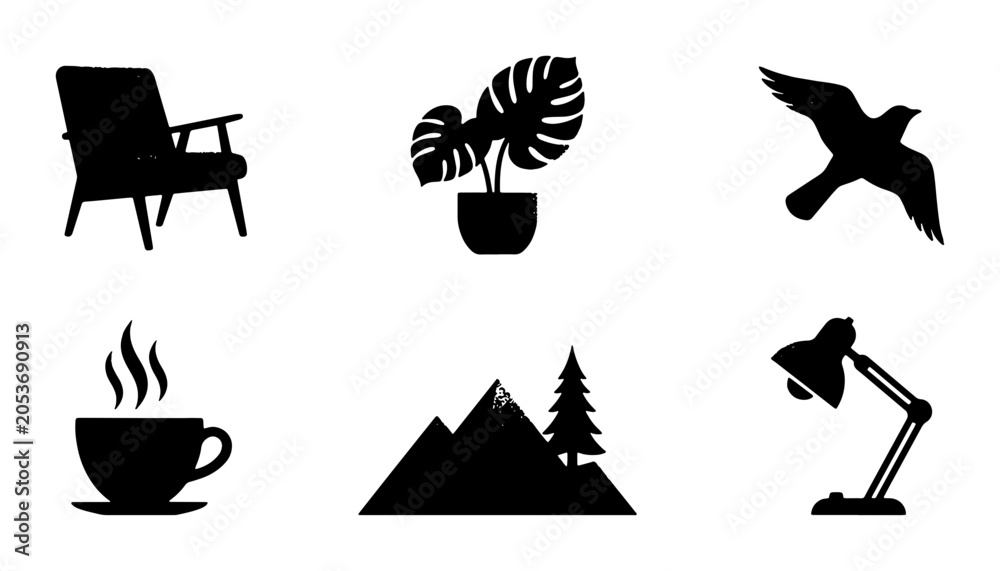 Fototapeta premium Collection of black silhouette icons: chair, plant, bird, coffee cup, mountains, and desk lamp Vector