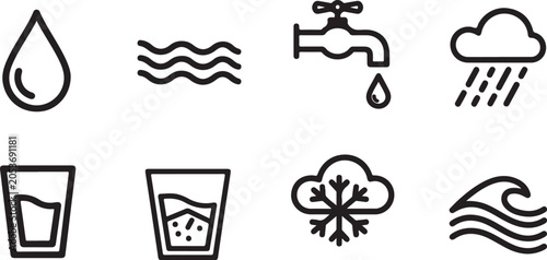 Eight water cycle icons in simple black and white line style