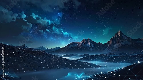 Digital network nodes glowing over a dark mountain range at night