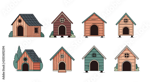 Variety of wooden dog houses in different colors and designs for pet care products and animal shelter website illustrations in flat vector style.