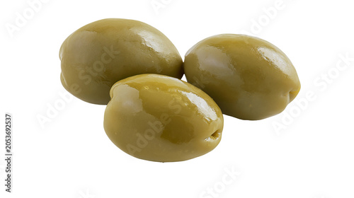 Bild auf Leinwand Three plump green olives with smooth shiny skin, isolated on transparent backgro