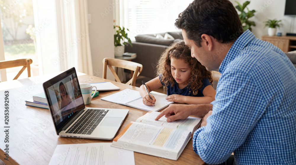 Fototapeta premium Father helps young daughter study from home during video lesson with laptop textbook notebooks showing remote education family support focus homeschool routine patient learning guidance