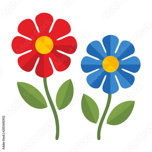 Two colorful flowers with green leaves