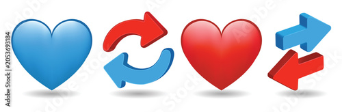 Collection of 3d heart shape, refresh and direction arrows in red and blue colors