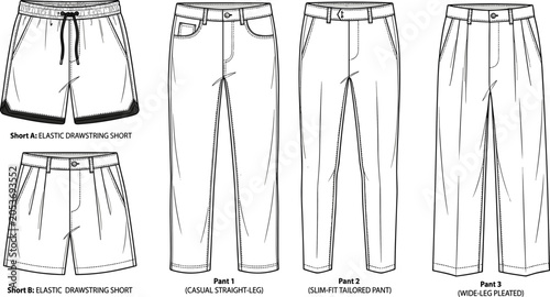Fotografie Fashion technical sketch vector garment set featuring men's casual trousers slim