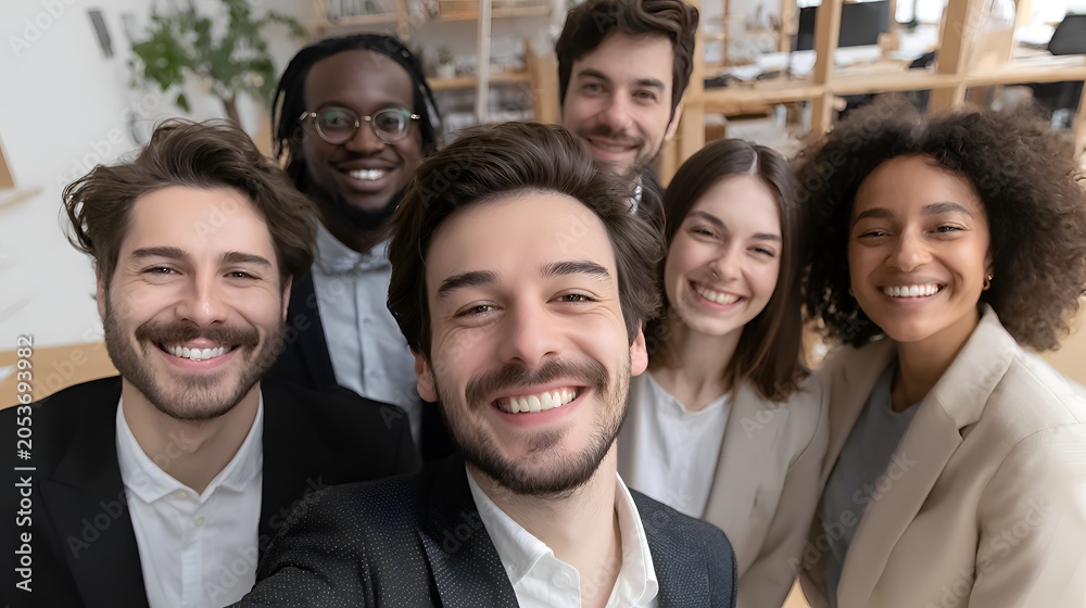 Fototapeta premium Diverse happy business team taking a group selfie in a modern office