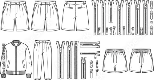 Tableau sur toile Fashion technical sketch vector template set with men's trousers bomber jacket c