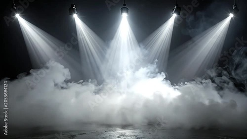 Bright stage spotlights shine down onto a thick floor of fog