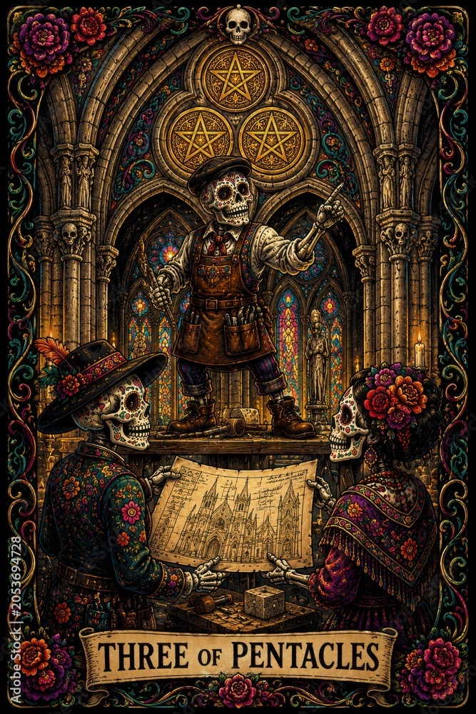 Obraz premium Colorful Day of the Dead Illustration Featuring Skeleton Characters