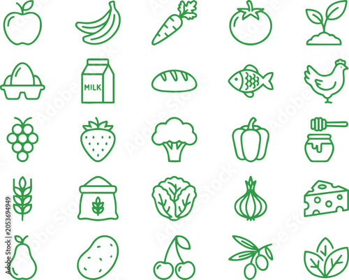 Set of 30 grocery store product line icons on transparent background for web design.
