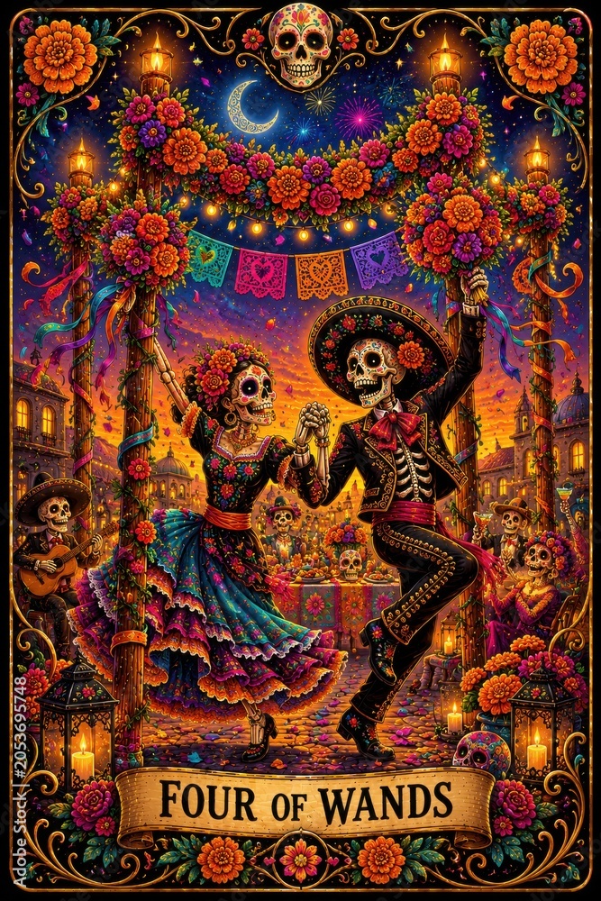 Fototapeta premium Colorful Celebration with Dancing Skeletons and Floral Decorations