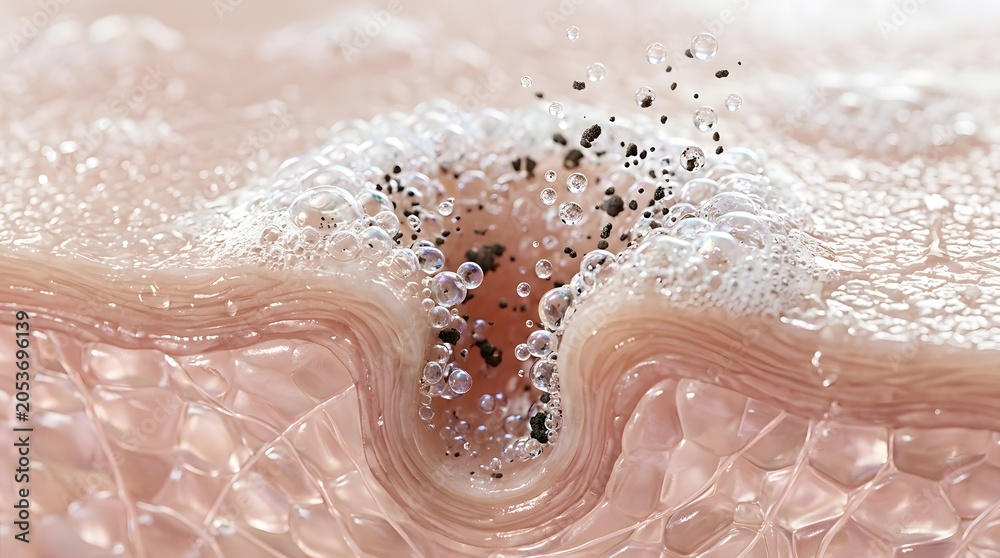 Fototapeta premium Skin pore purified by cleanser cross section showing microscopic deep cleansing process and dirt extraction foam bubbles
