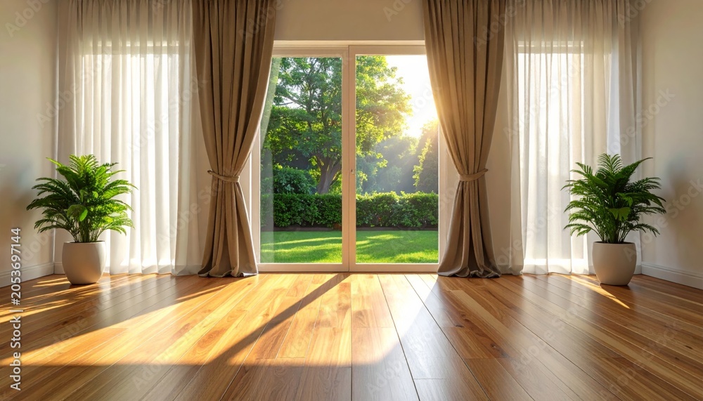 Fototapeta premium An empty room features a modern wooden floor and a large glass window offering a bright view of the garden inside a luxury new apartment building
