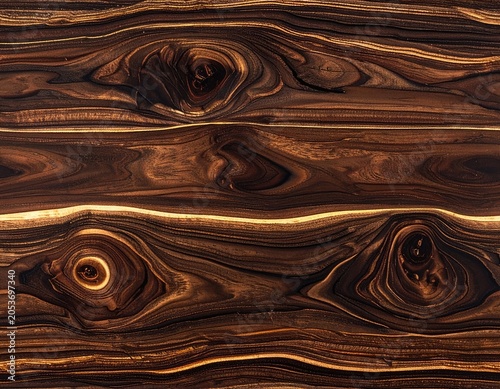 Rich, dark wood grain with prominent knots and swirling patterns