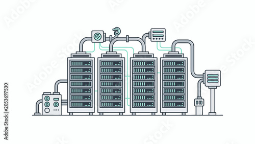 Photos A digital illustration of a modern server room with interconnected computer hard