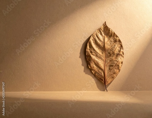 A solitary, withered leaf casts a sharp shadow on a textured, earthy background