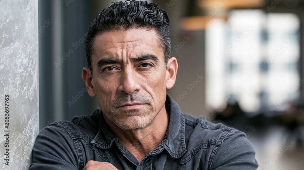Naklejka premium AI Job Anxiety Mid Career Hispanic Stocky Man Quiet