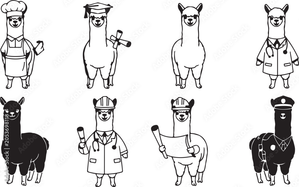 Obraz premium Llama profession pack, alpaca career characters, cute job costumes, and animal mascot vector set. Isolated Transparent Background