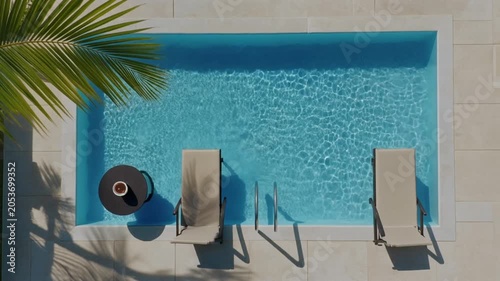 Top down view of luxury swimming pool with lounge chairs and tropical palm shadows