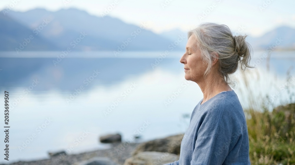 Fototapeta premium Senior citizen practicing yoga and meditating in a lotus position on a mat by a calm mountain lake, enjoying peaceful wellness, mindfulness, and healthy aging in nature.