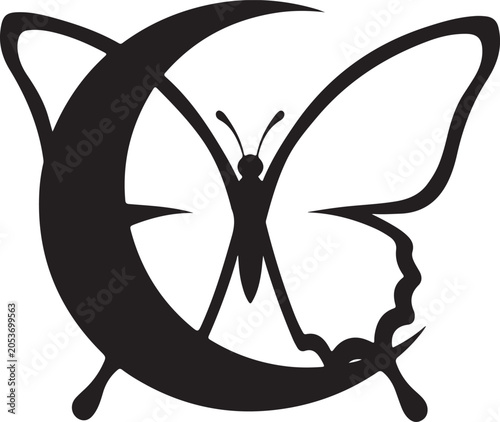 Black butterfly, crescent moon, cat silhouette, mystical symbol, lunar insect