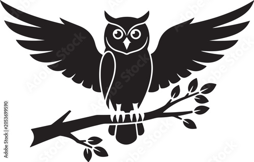 Owl silhouette, black bird, winged animal, tree branch icon, wildlife symbol