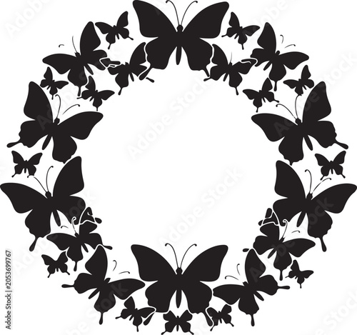 Butterfly Wreath, Black Silhouette, Insect Circle, Vector Illustration, Animal Decoration
