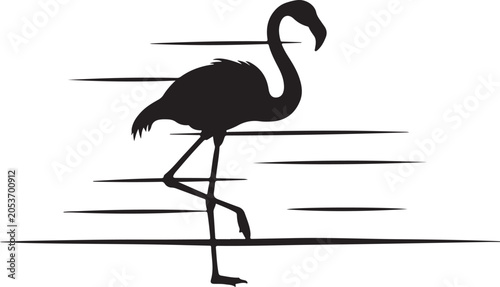 Black flamingo silhouette, motion lines, bird icon, vector graphic