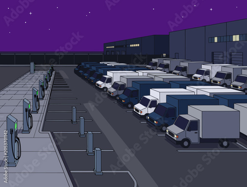 Tableau sur toile A fleet of electric delivery vans charges at a modern off-peak inactivity hub