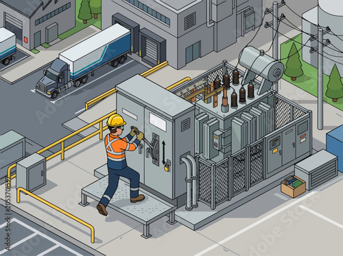 Obraz na płótnie A worker operates a substation disconnect switch, showcasing industrial maintenance