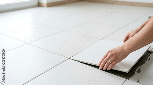 Hands placing white ceramic tile isolated on a clean white background