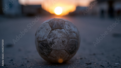 Old worn soccer ball resting on an empty street at sunrise with warm nostalgic light