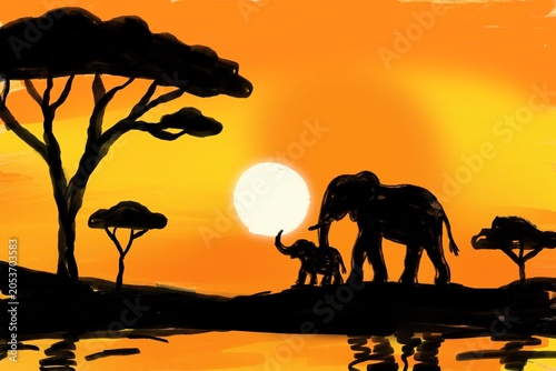 Photography African Elephant Family Silhouette at Sunset on Savannah Landscape, Wildlife Nat