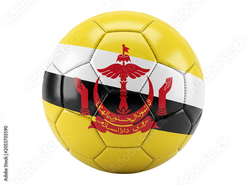 Soccer Ball with Yellow, White and Black Panels and a Red Coat of Arms Emblem, Isolated on White Background