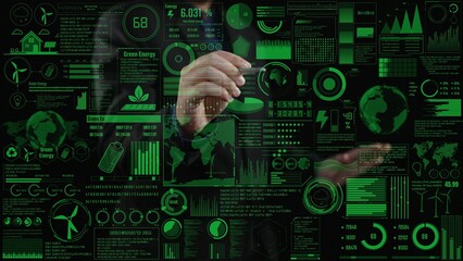 Digital interface showcasing data visualizations on green energy trends. Detailed charts and graphs highlight key metrics related to sustainability and environmental progress. Cipher