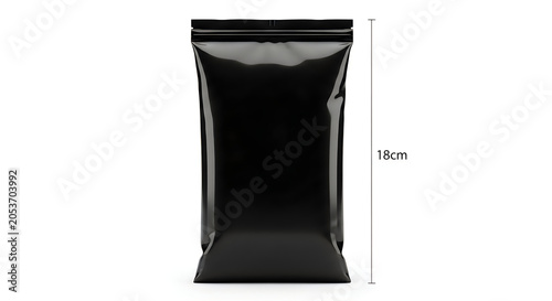 Black plastic resealable storage pouch standing upright