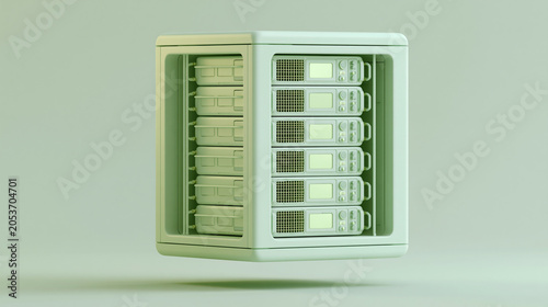pastel sage green data server unit minimal technology infrastructure, floating sage green server rack isolated tech equipment, modern pastel green data server infrastructure object isolated
