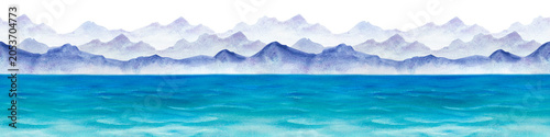 Horizontal seamless banner with panoramic seascape on the background of hand-drawn misty mountains and blue ocean. Watercolor illustration. Isolated. For endless website headers, travel banners, and