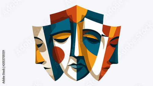 Quadro su tela Abstract illustration featuring multiple colorful theatrical masks on a white ba