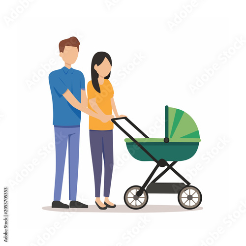 Family with Baby Stroller Flat Illustration