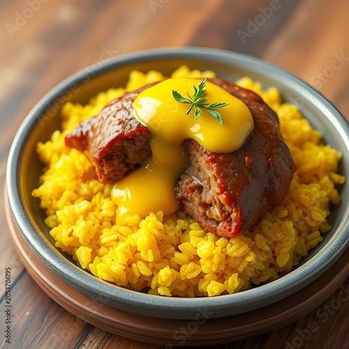 Traditional food from South Africa.  Bobotie with yellow rice. A curried minced meat dish topped with a golden egg custard.