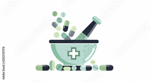 A stylized mortar and pestle with pills and capsules, adorned with a cross symbol