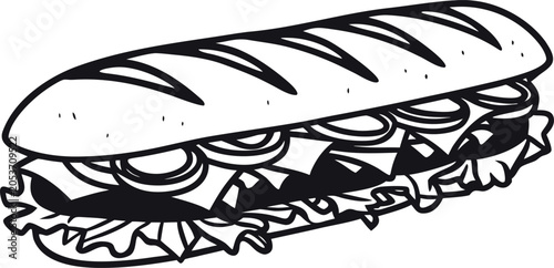 Submarine Sandwich Vector Illustration – Deli Sandwich Line Art Food Icon