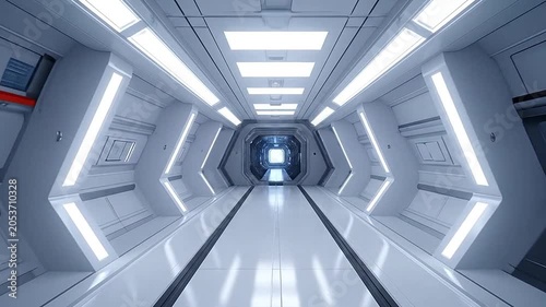 A futuristic corridor with bright lights in a modern space station