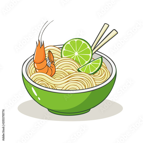 Bowl of noodle soup with shrimp and lime slices